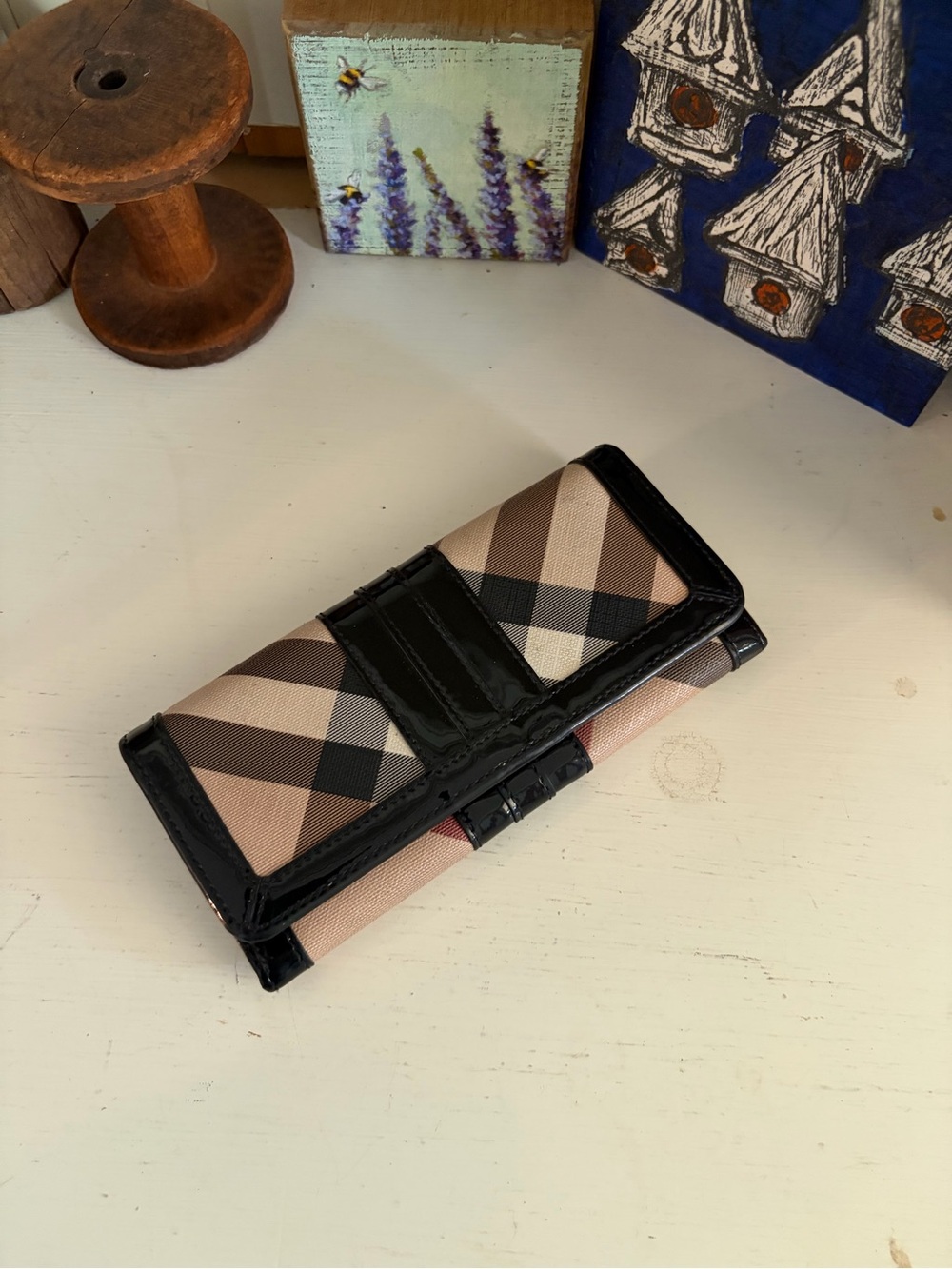 Burberry Classic Check Trifold Continental Wallet - Black Trim and Beige Plaid